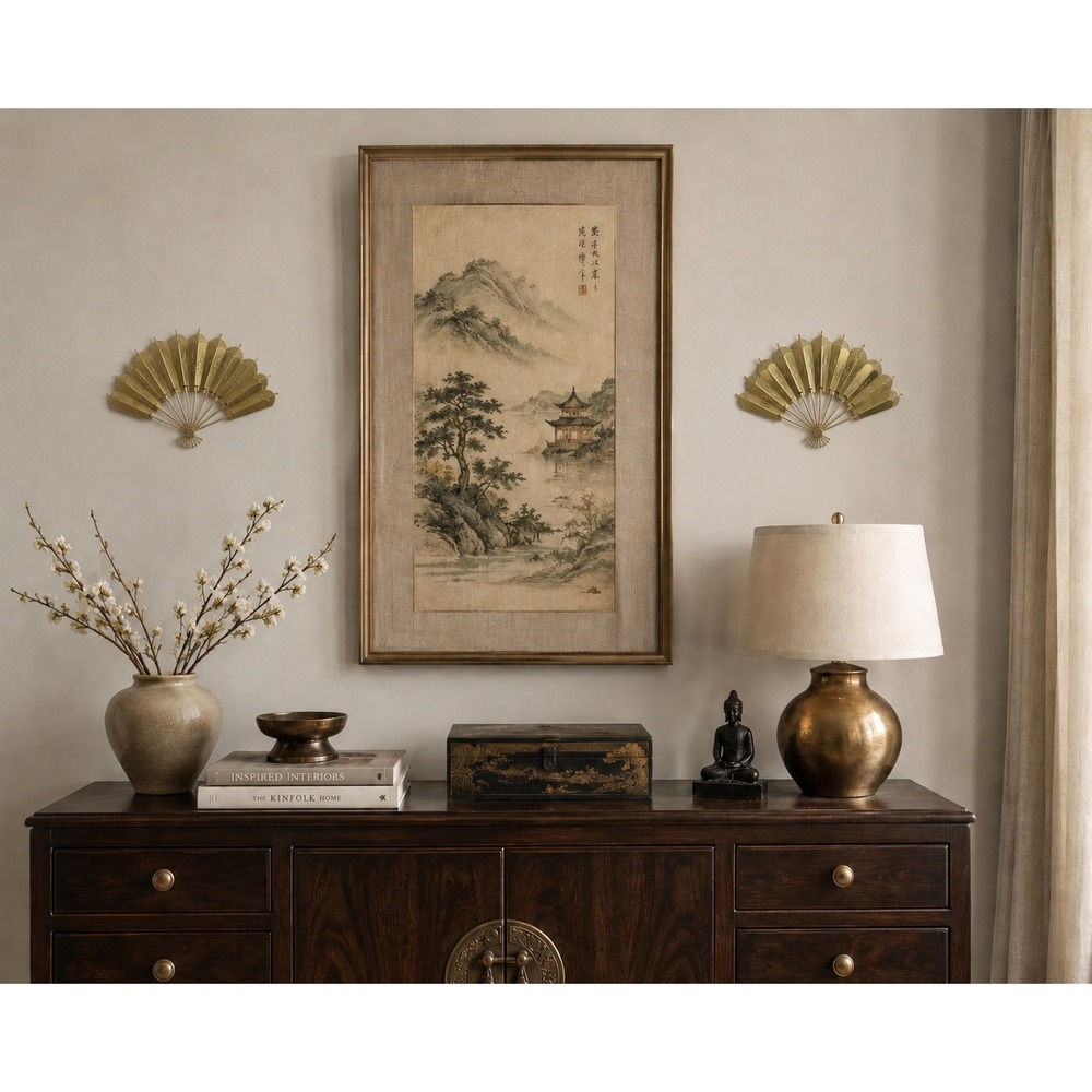 Vintage Brass Fan Wall Hanging Gold Set of 2 Hollywood Regency Chinoiserie 10.5"